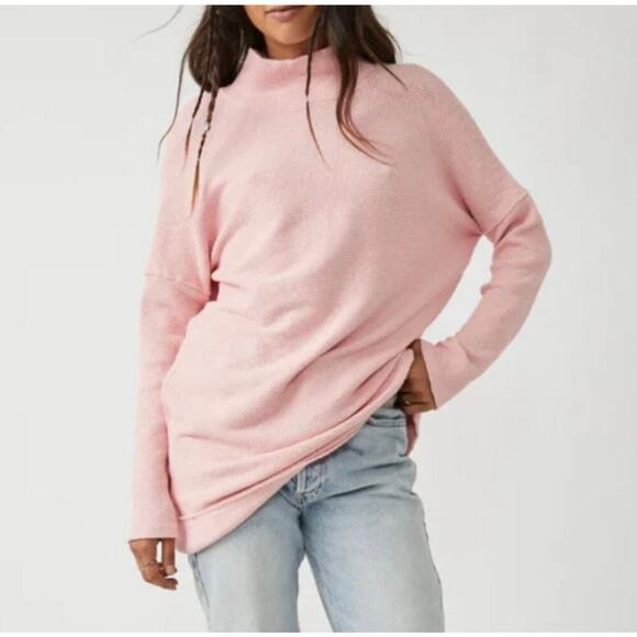 We The Free Pink Free People Casey Ribbed Knit Mock Neck Tunic Longline Sweater - Picture 2 of 11
